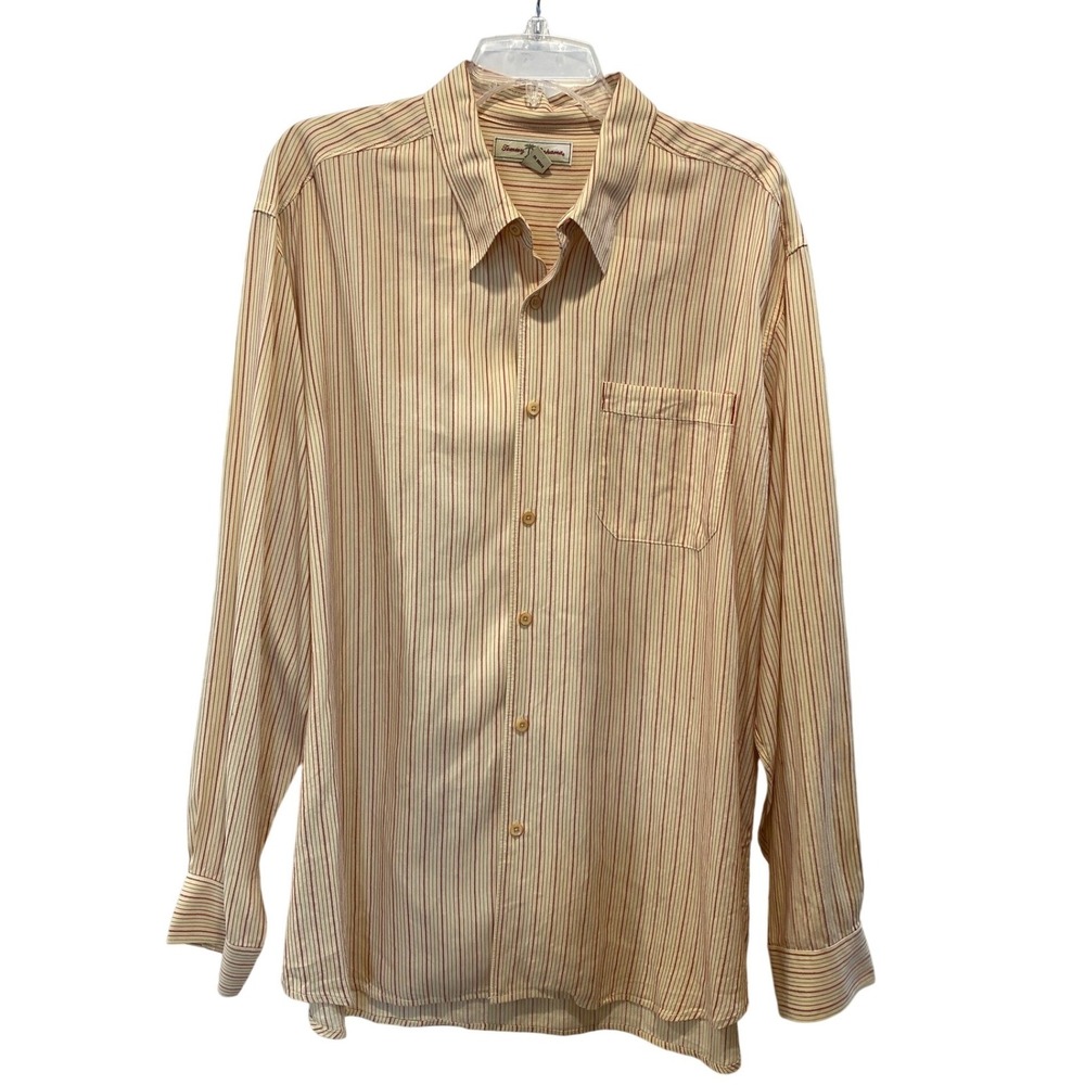 Vintage Tommy Bahama Mens XL Long Sleeve Striped Button Shirt Yellow Hong Kong